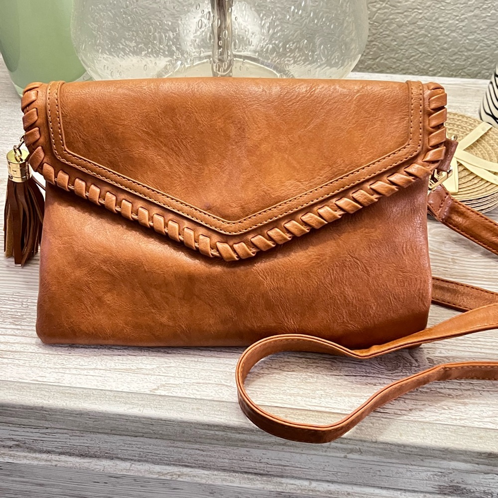 Brown Faux Leather Tassel Crossbody Envelope Bag